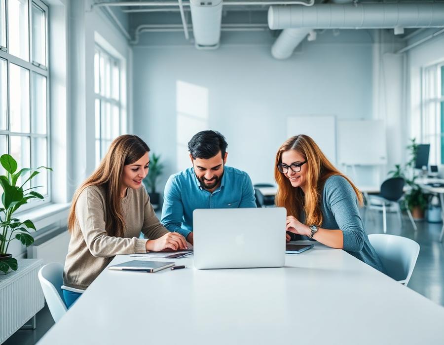 Small marketing agency team working together around a laptop