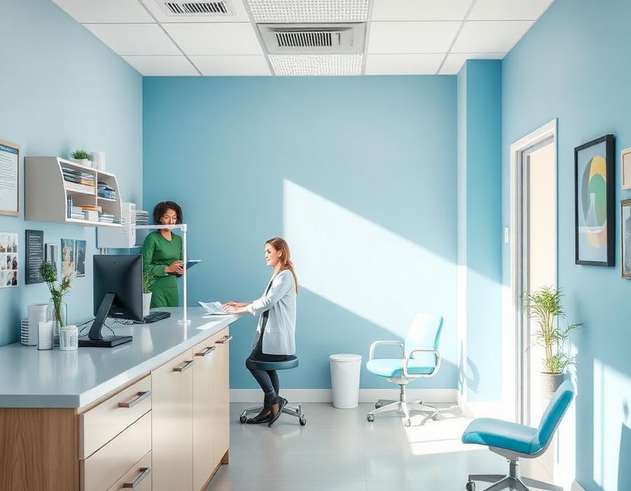 Receptionist helping a patient at a small clinic front desk
