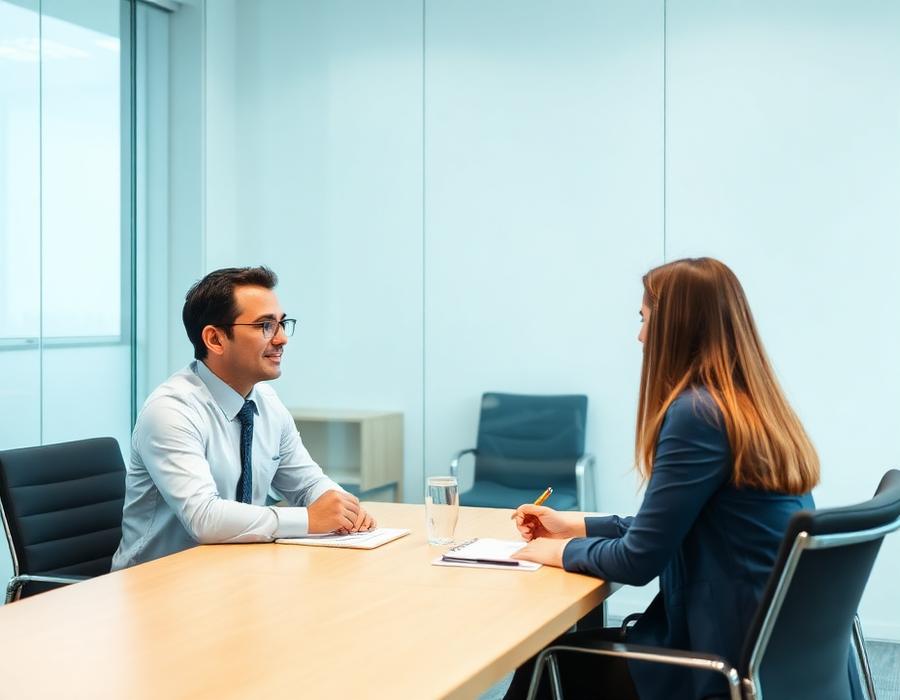 Hiring manager interviewing a candidate in a small office meeting room