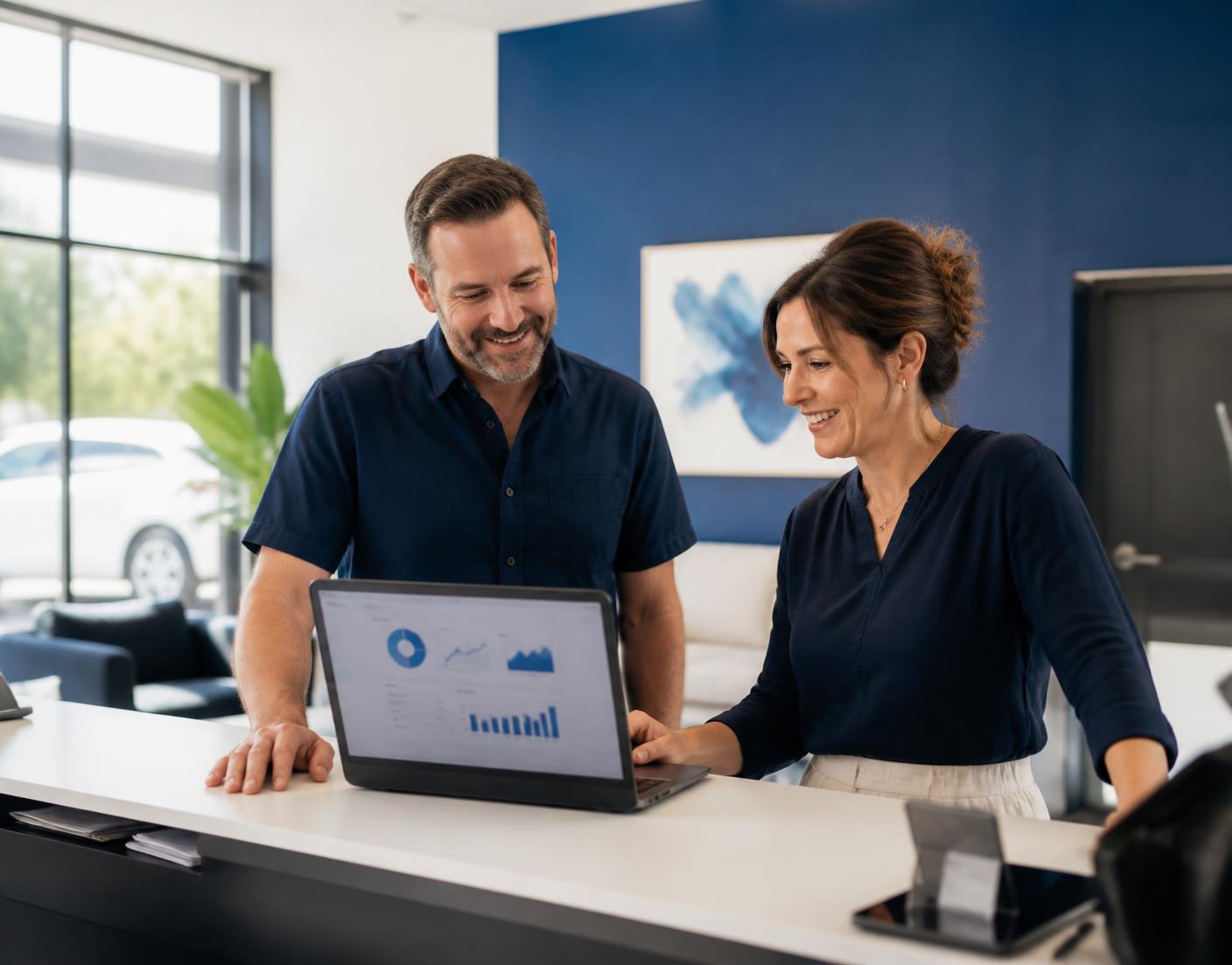 Two small business owners reviewing their AI compliance dashboard on a laptop